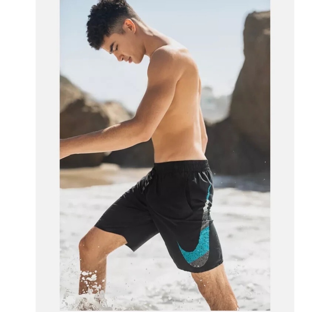 Nike Mens Swim Trunks Black Blue Oversized Swoosh Mesh Lined Board Shorts XL